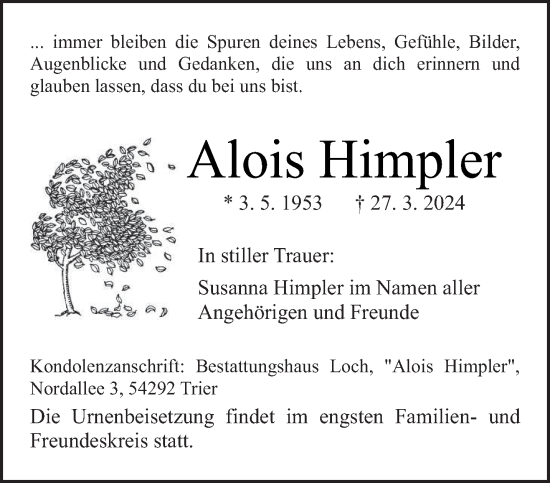 Traueranzeige von Alois Himpler von trierischer_volksfreund
