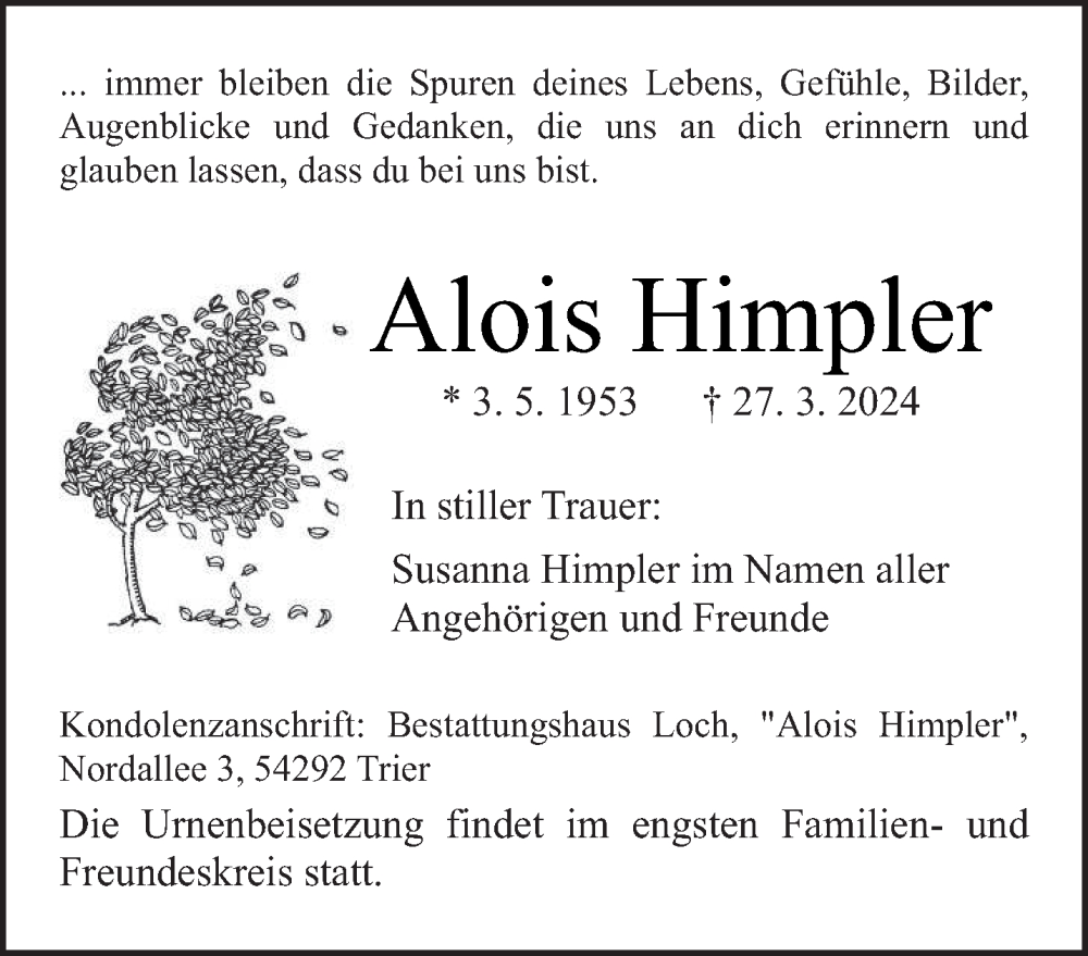  Traueranzeige für Alois Himpler vom 13.04.2024 aus trierischer_volksfreund
