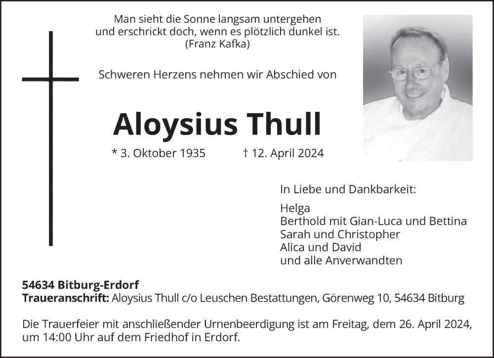 Traueranzeige für Aloysius Thull vom 17.04.2024 aus trierischer_volksfreund