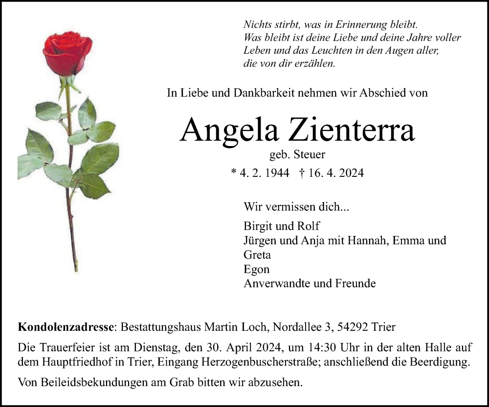  Traueranzeige für Angela Zienterra vom 27.04.2024 aus trierischer_volksfreund
