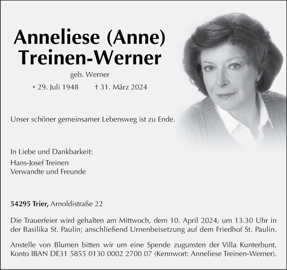  Traueranzeige für Anneliese Treinen-Werner vom 06.04.2024 aus trierischer_volksfreund