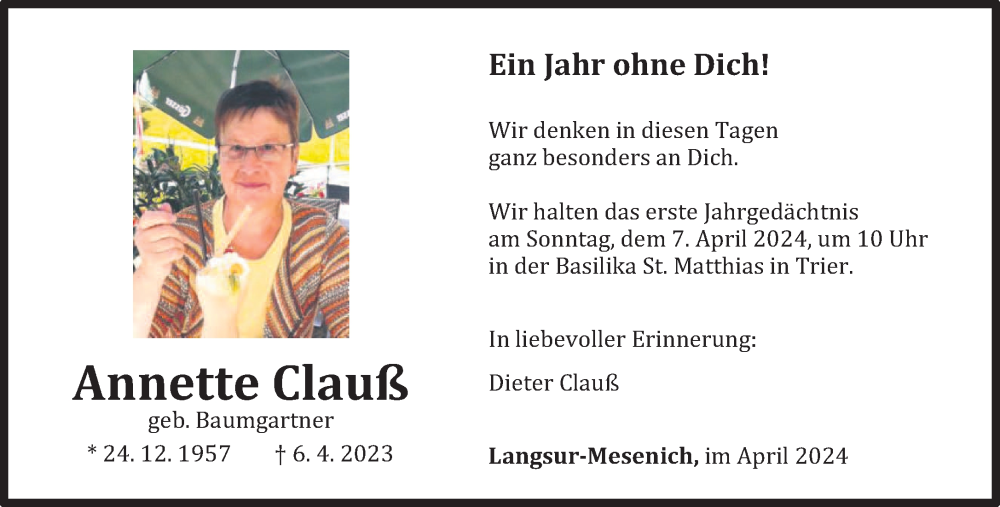  Traueranzeige für Annette Clauß vom 06.04.2024 aus trierischer_volksfreund