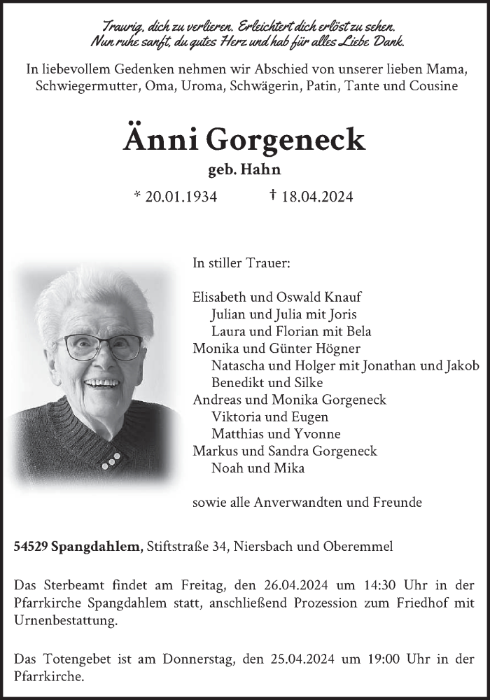  Traueranzeige für Anni Gorgeneck vom 20.04.2024 aus trierischer_volksfreund