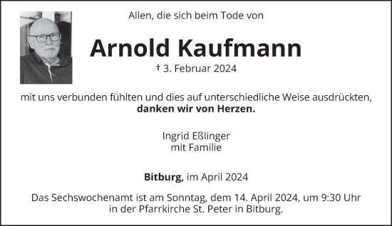 Traueranzeige von Arnold Kaufmann von trierischer_volksfreund