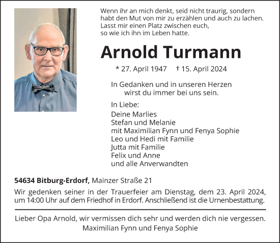 Traueranzeige von Arnold Turmann von trierischer_volksfreund
