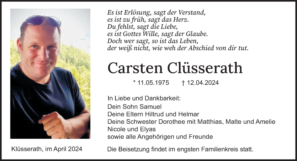 Traueranzeige für Carsten Clüsserath vom 20.04.2024 aus trierischer_volksfreund