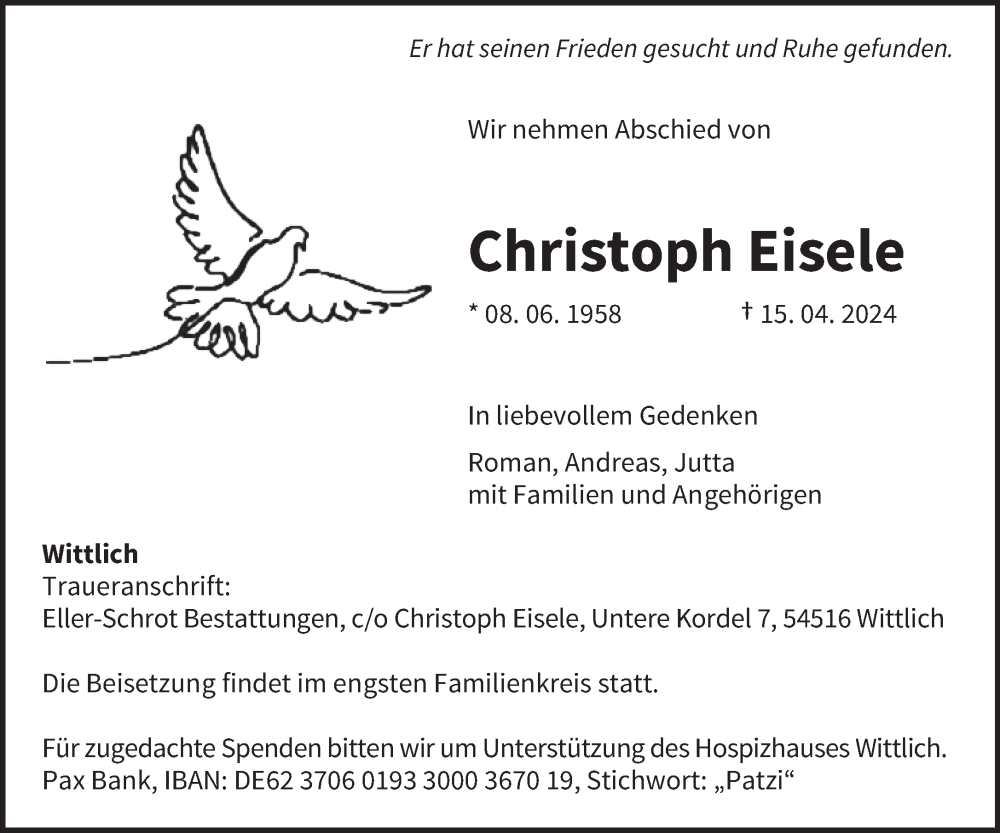  Traueranzeige für Christoph Eisele vom 19.04.2024 aus trierischer_volksfreund