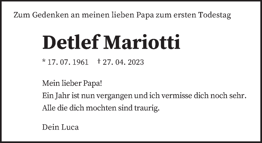  Traueranzeige für Detlef Mariotti vom 27.04.2024 aus trierischer_volksfreund