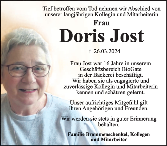 Traueranzeige von Doris Jost von trierischer_volksfreund