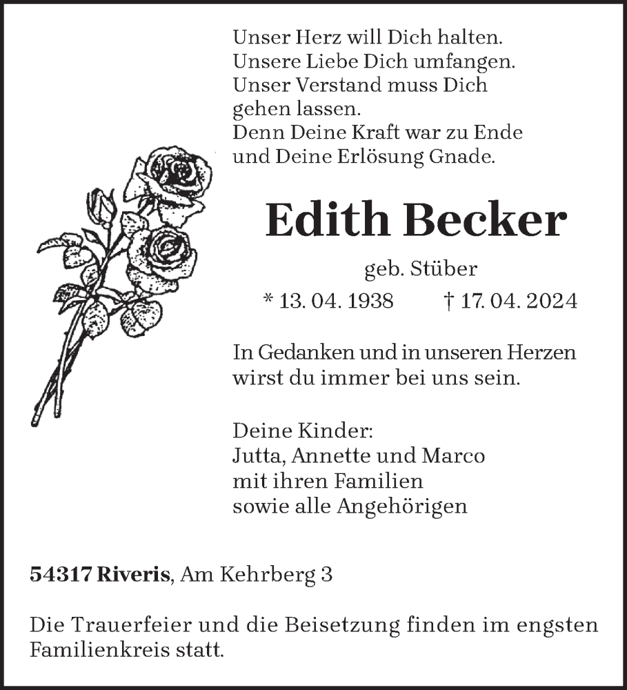 Traueranzeige für Edith Becker vom 20.04.2024 aus trierischer_volksfreund