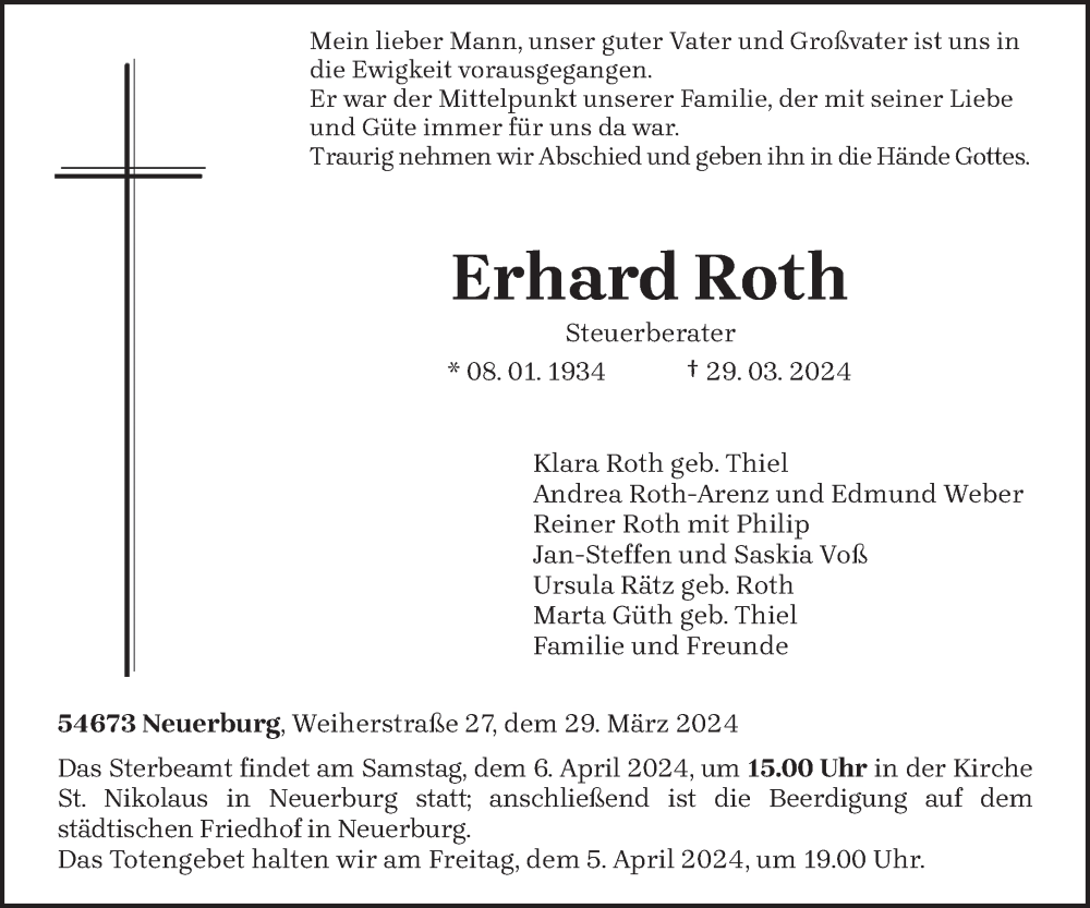  Traueranzeige für Erhard Roth vom 03.04.2024 aus trierischer_volksfreund