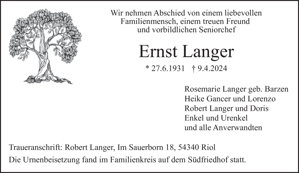  Traueranzeige für Ernst Langer vom 20.04.2024 aus trierischer_volksfreund