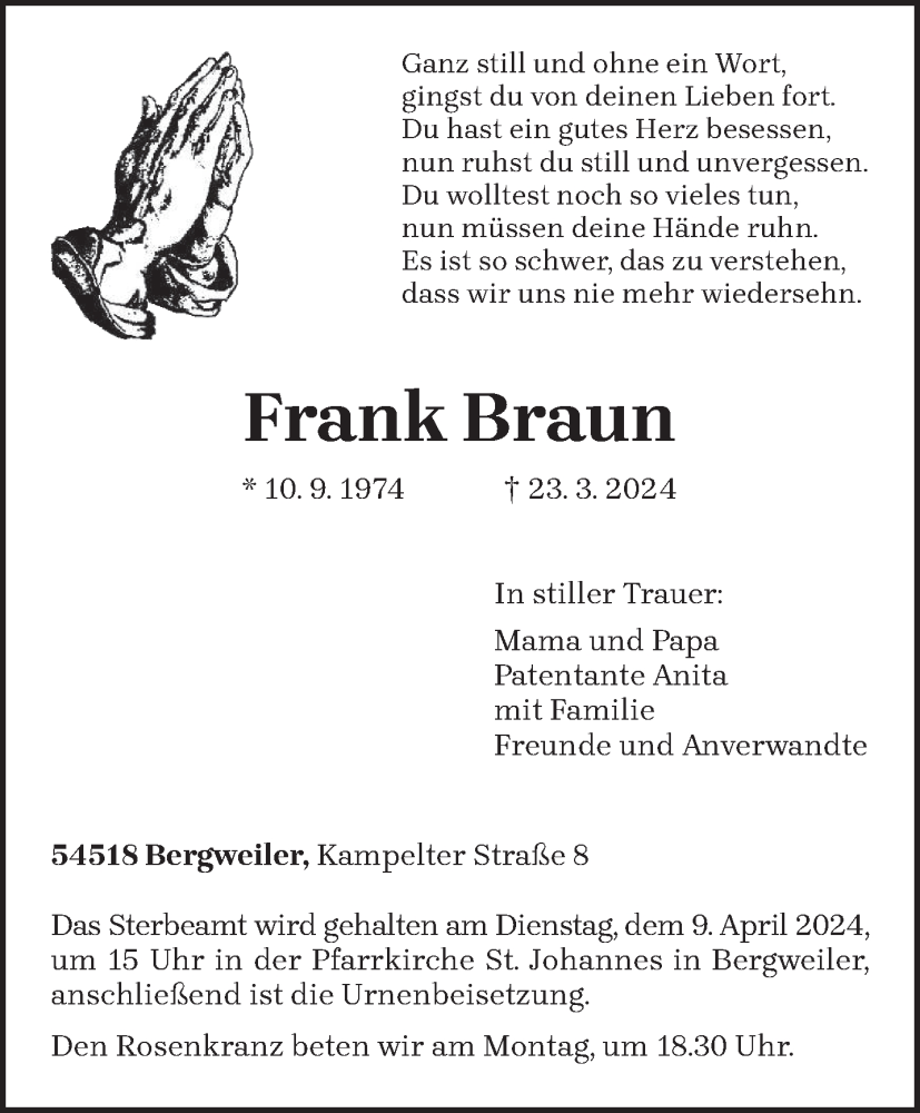  Traueranzeige für Frank Braun vom 06.04.2024 aus trierischer_volksfreund