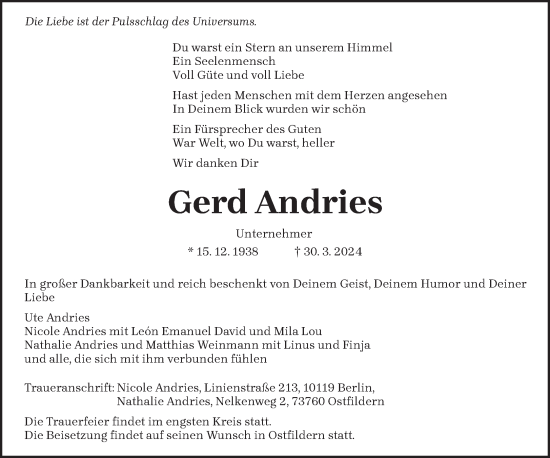 Traueranzeige von Gerd Andries von trierischer_volksfreund