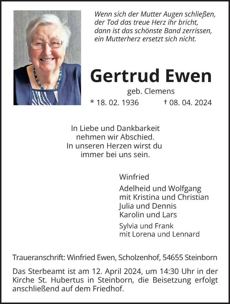  Traueranzeige für Gertrud Ewen vom 11.04.2024 aus trierischer_volksfreund