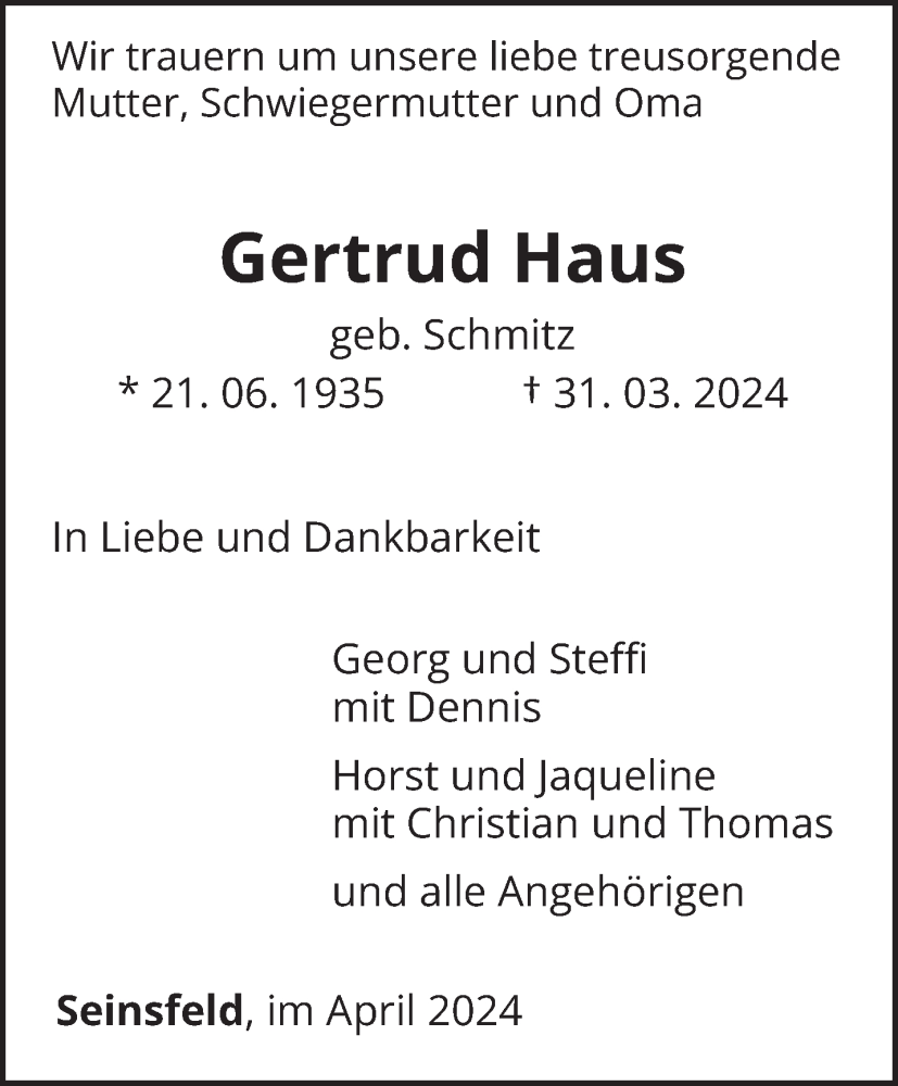  Traueranzeige für Gertrud Haus vom 13.04.2024 aus trierischer_volksfreund