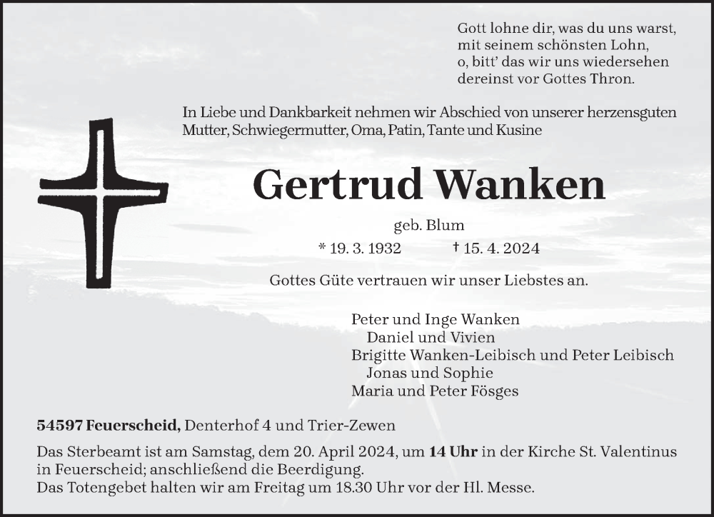  Traueranzeige für Gertrud Wanken vom 17.04.2024 aus trierischer_volksfreund