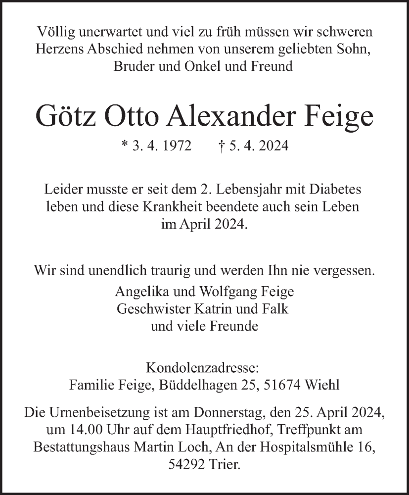  Traueranzeige für Götz Otto Alexander Feige vom 20.04.2024 aus trierischer_volksfreund