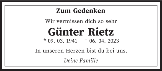 Traueranzeige von Günter Rietz von trierischer_volksfreund