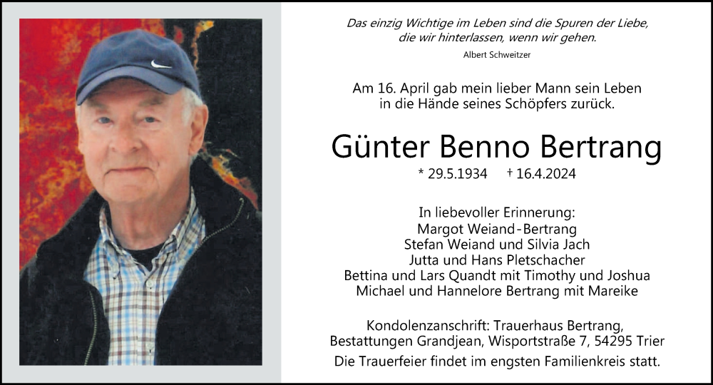  Traueranzeige für Günter Benno Bertrang vom 27.04.2024 aus trierischer_volksfreund