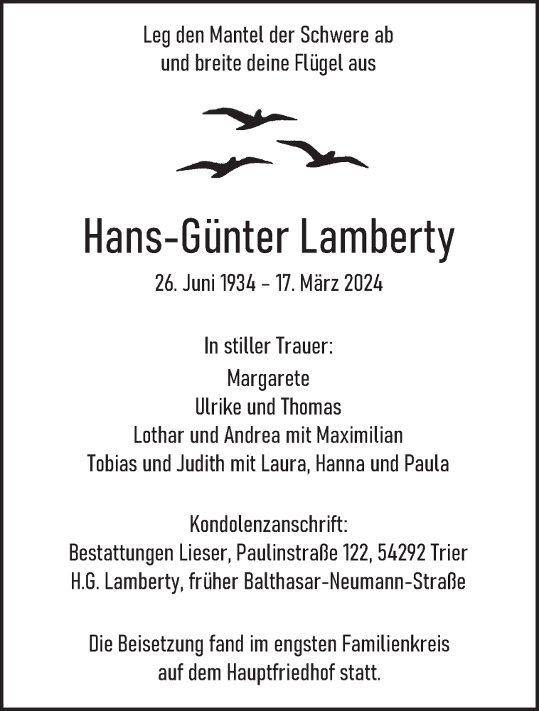  Traueranzeige für Hans-Günter Lamberty vom 20.04.2024 aus trierischer_volksfreund