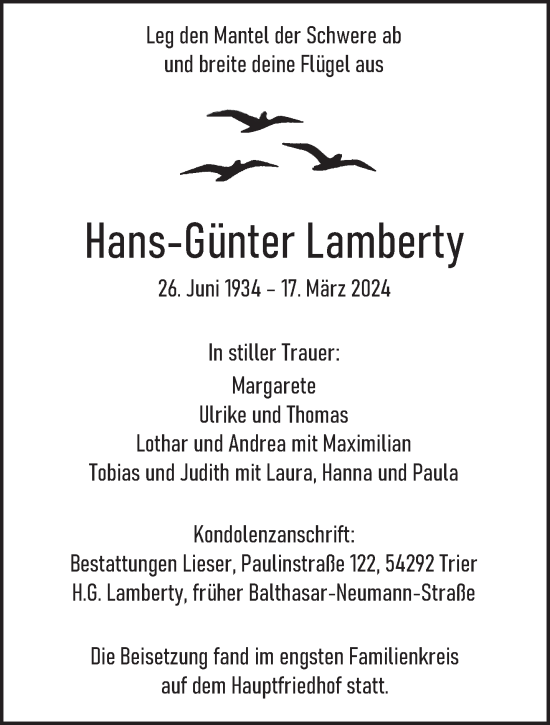 Traueranzeige von Hans-Günter Lamberty von trierischer_volksfreund