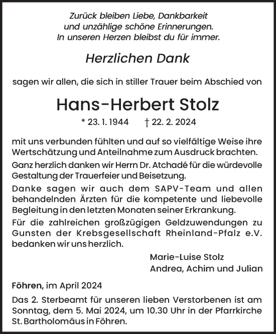 Traueranzeige von Hans-Herbert Stolz von trierischer_volksfreund