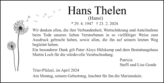 Traueranzeige von Hans Thelen von trierischer_volksfreund