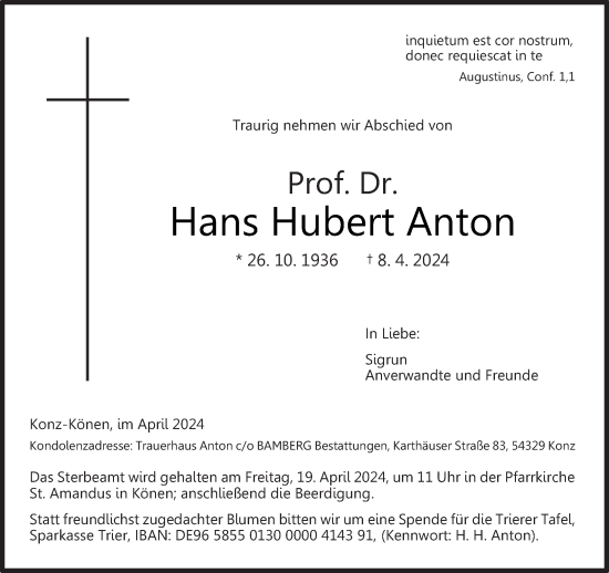 Traueranzeige von Hans Hubert Anton von trierischer_volksfreund