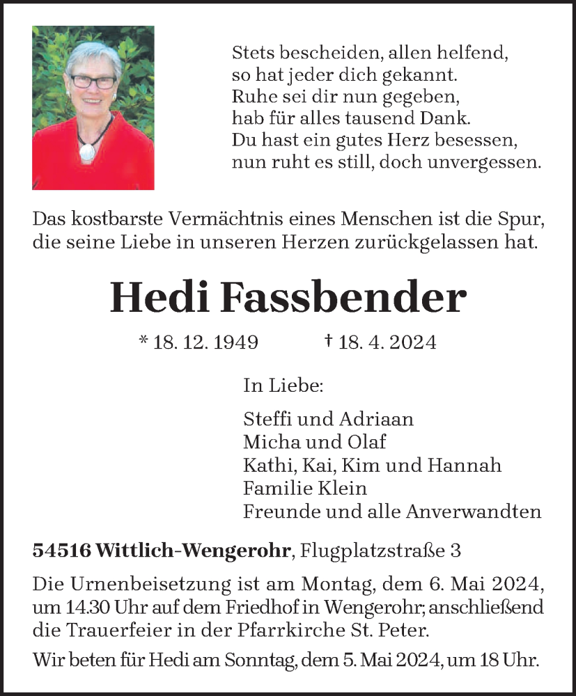  Traueranzeige für Hedi Fassbender vom 27.04.2024 aus trierischer_volksfreund