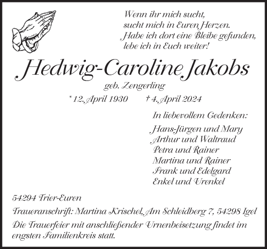 Traueranzeige von Hedwig-Caroline Jakobs von trierischer_volksfreund