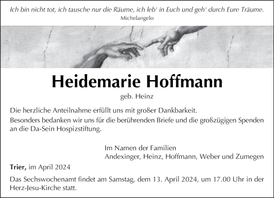 Traueranzeige von Heidemarie Hoffmann von trierischer_volksfreund