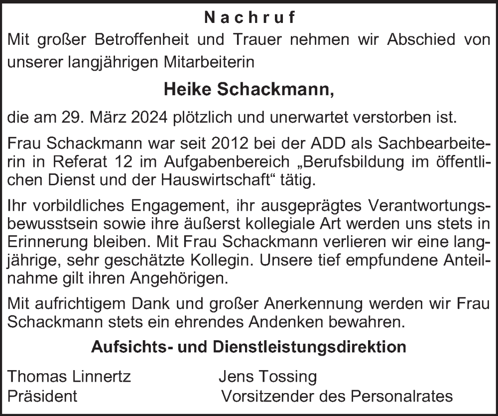  Traueranzeige für Heike Schackmann vom 09.04.2024 aus trierischer_volksfreund