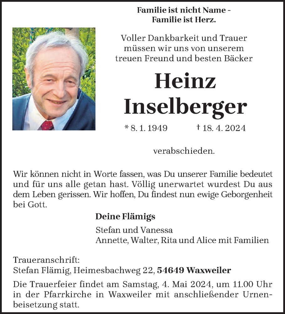  Traueranzeige für Heinz Inselberger vom 27.04.2024 aus trierischer_volksfreund