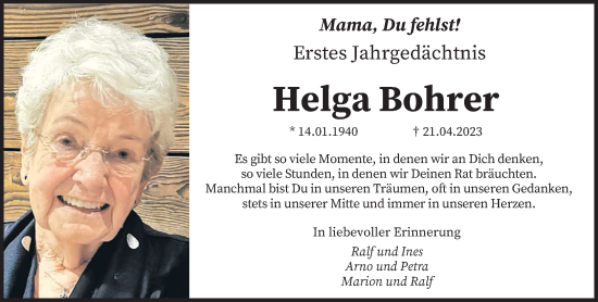 Traueranzeige von Helga Bohrer von trierischer_volksfreund