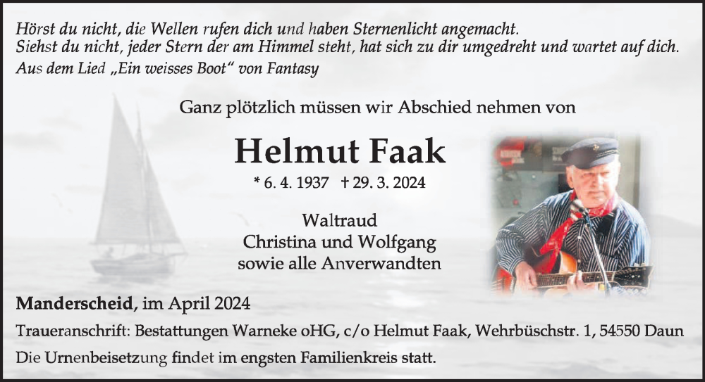  Traueranzeige für Helmut Faak vom 06.04.2024 aus trierischer_volksfreund