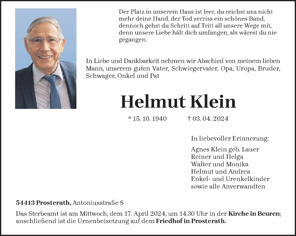 Traueranzeige für Helmut Klein vom 10.04.2024 aus trierischer_volksfreund