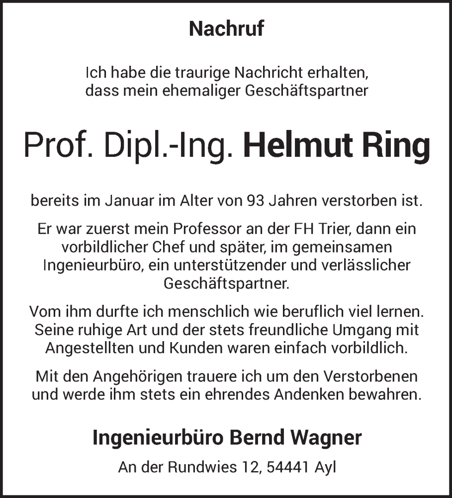  Traueranzeige für Helmut Ring vom 20.04.2024 aus trierischer_volksfreund