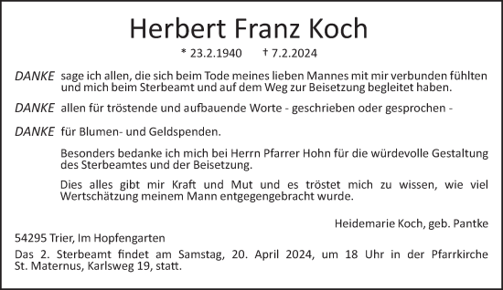Traueranzeige von Herbert Franz von trierischer_volksfreund
