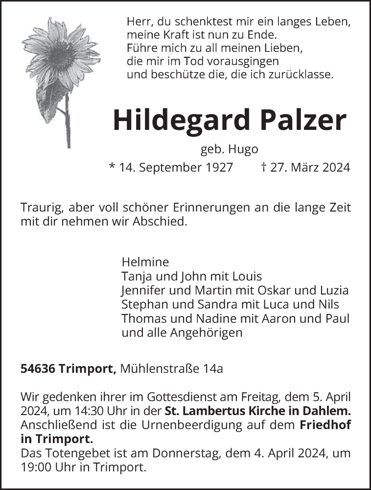  Traueranzeige für Hildegard Palzer vom 03.04.2024 aus trierischer_volksfreund