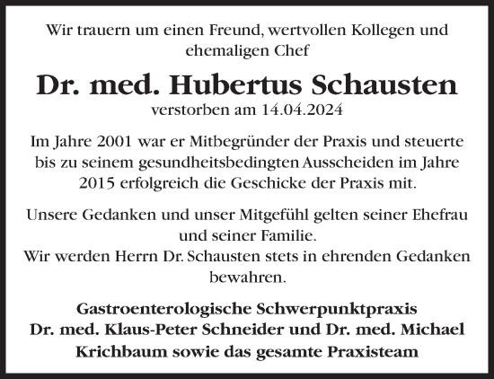 Traueranzeige von Hubertus Schausten von trierischer_volksfreund