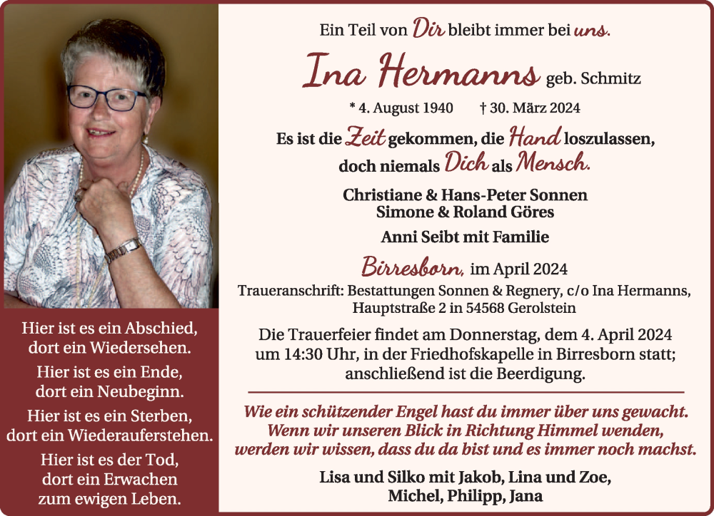  Traueranzeige für Ina Hermanns vom 02.04.2024 aus trierischer_volksfreund