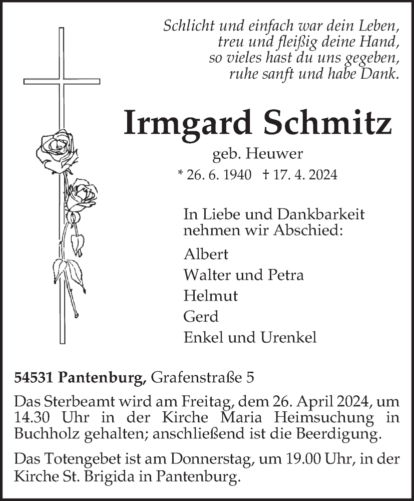  Traueranzeige für Irmgard Schmitz vom 20.04.2024 aus trierischer_volksfreund