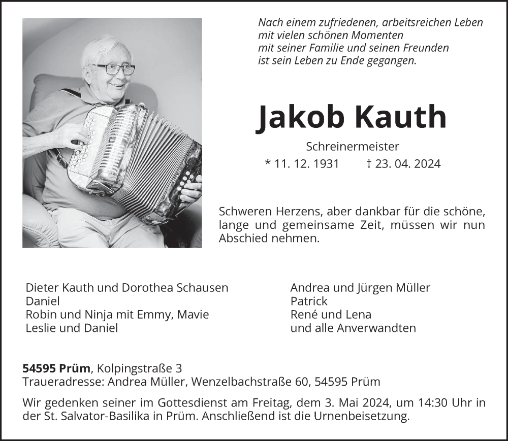  Traueranzeige für Jakob Kauth vom 27.04.2024 aus trierischer_volksfreund