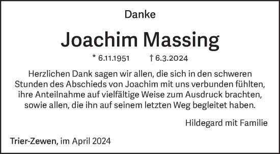 Traueranzeige von Joachim Massing von trierischer_volksfreund