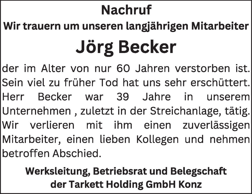  Traueranzeige für Jörg Becker vom 13.04.2024 aus trierischer_volksfreund