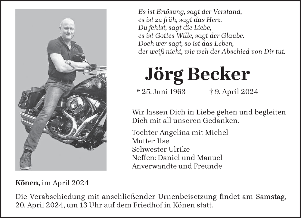  Traueranzeige für Jörg Becker vom 13.04.2024 aus trierischer_volksfreund