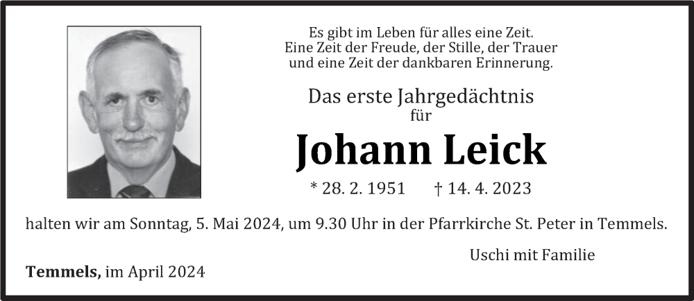  Traueranzeige für Johann Leick vom 27.04.2024 aus trierischer_volksfreund