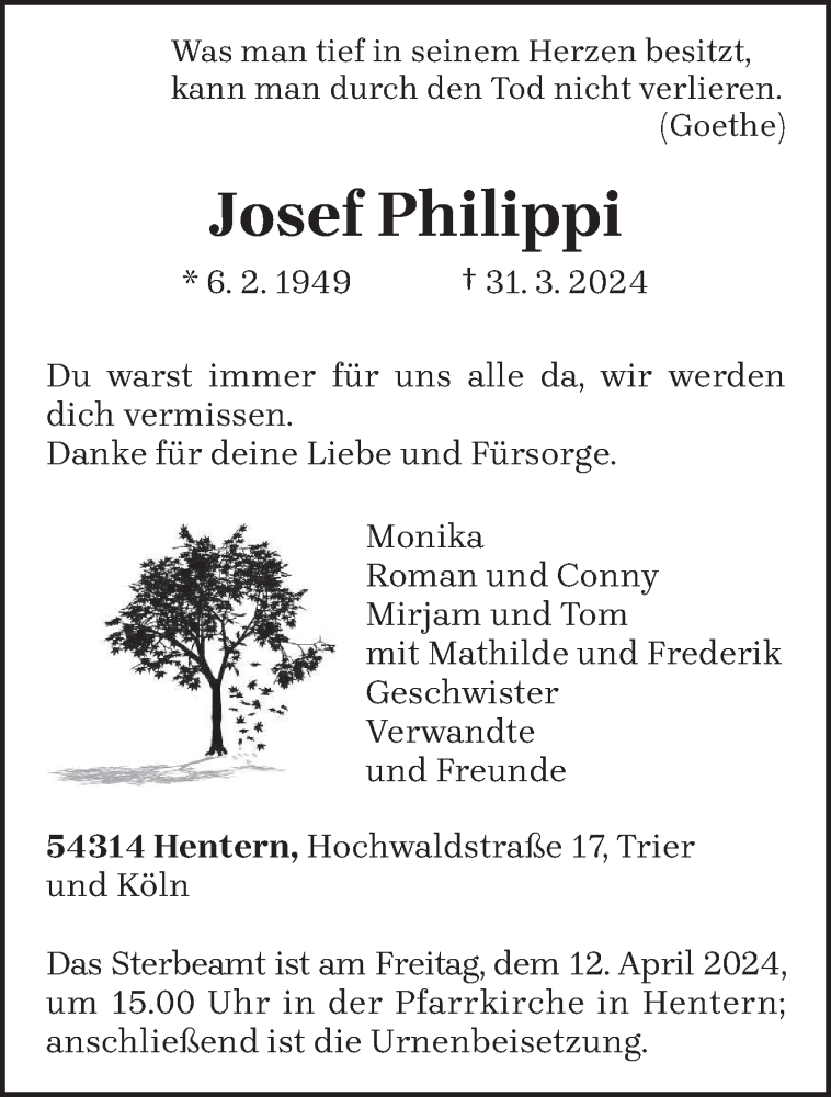  Traueranzeige für Josef Philippi vom 06.04.2024 aus trierischer_volksfreund