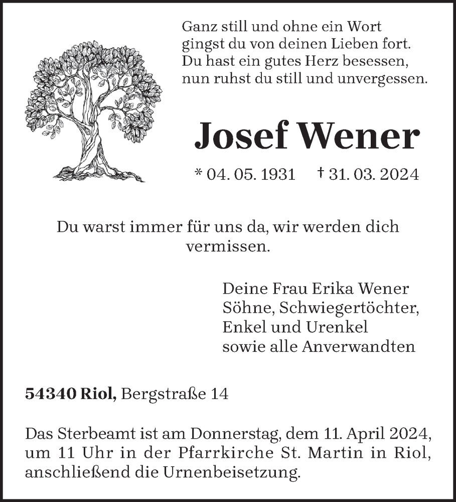  Traueranzeige für Josef Wener vom 06.04.2024 aus trierischer_volksfreund